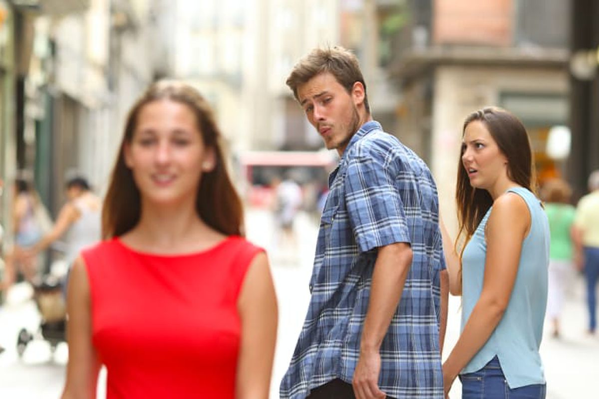 Distracted Boyfriend meme about MERIT Beauty