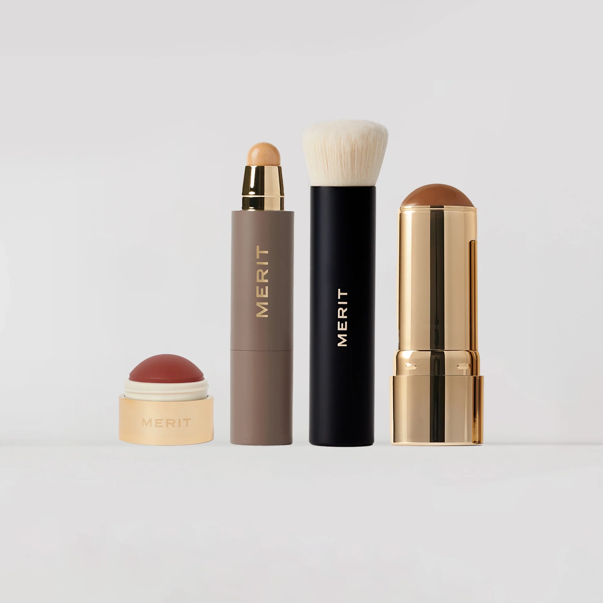 Flush Balm, The Minimalist, Brush No. 1 and Bronze Balm standing together